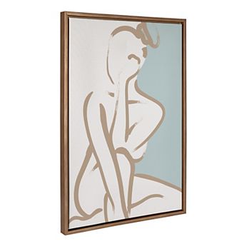 Sylvie Simple Romantic Line Art Drawing 1 Tan and Teal Framed Canvas by The Creative Bunch Studio