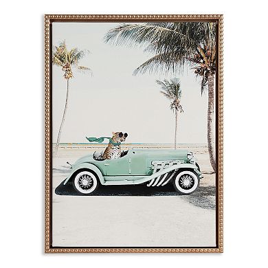 Sylvie Beaded Leopard in Car Beach Palms Framed Canvas by July Art Prints