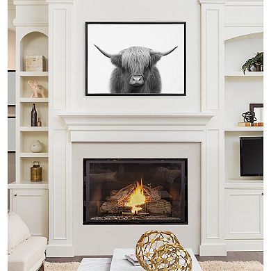 Sylvie Hey Dude Highland Cow BW Framed Canvas by The Creative Bunch Studio