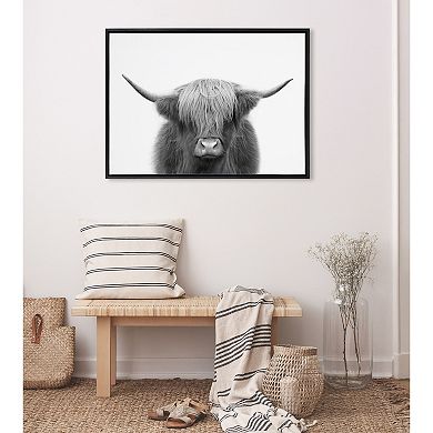 Sylvie Hey Dude Highland Cow BW Framed Canvas by The Creative Bunch Studio