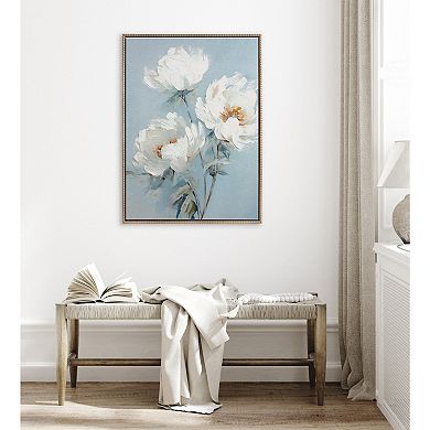 Sylvie Beaded White Peonies on Ocean Blue Framed Canvas by The Creative Bunch Studio