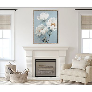 Sylvie Beaded White Peonies on Ocean Blue Framed Canvas by The Creative Bunch Studio