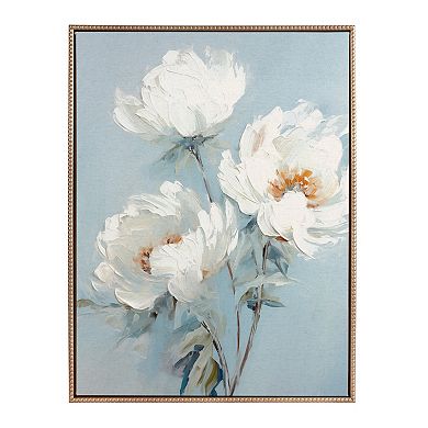 Sylvie Beaded White Peonies on Ocean Blue Framed Canvas by The Creative Bunch Studio