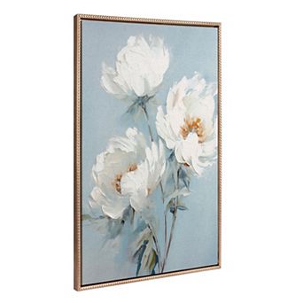 Sylvie Beaded White Peonies on Ocean Blue Framed Canvas by The Creative Bunch Studio