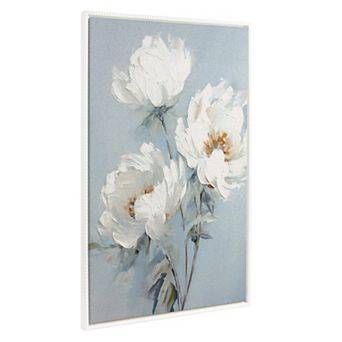 Sylvie Beaded White Peonies on Ocean Blue Framed Canvas by The Creative Bunch Studio