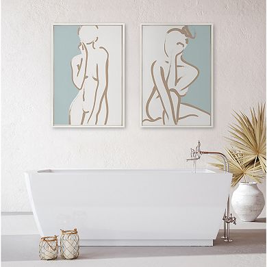 Sylvie Simple Romantic Line Art Drawing 2 Tan and Teal Framed Canvas by The Creative Bunch Studio