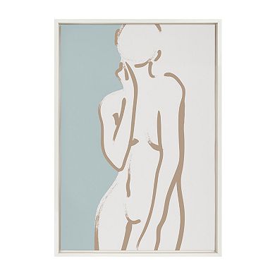 Sylvie Simple Romantic Line Art Drawing 2 Tan and Teal Framed Canvas by The Creative Bunch Studio