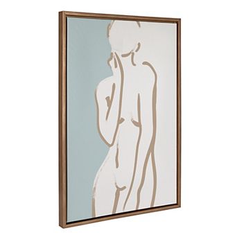 Sylvie Simple Romantic Line Art Drawing 2 Tan and Teal Framed Canvas by The Creative Bunch Studio