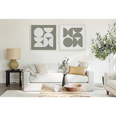 Sylvie Bold Vintage Geometric Soft White on Sage Green Framed Canvas by The Creative Bunch Studio