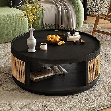 Merax 36.8'' Wooden Mid-Century Modern Coffee Table, Round Cane Coffee Table