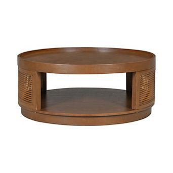 Merax 36.8'' Wooden Mid-Century Modern Coffee Table, Round Cane Coffee Table