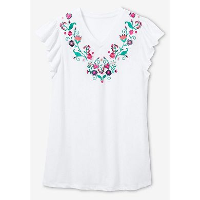 Woman Within Plus Size Embroidered V-Neck Tunic