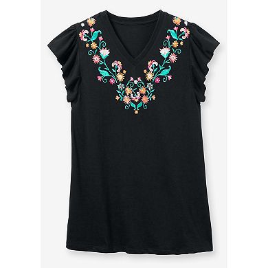 Woman Within Plus Size Embroidered V-Neck Tunic