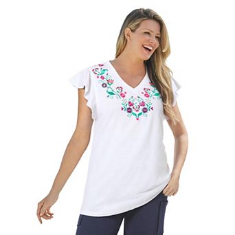 Woman Within Plus Size Embroidered V-Neck Tunic