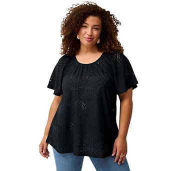 ellos Plus Size Flutter Sleeve Knit Eyelet Tunic