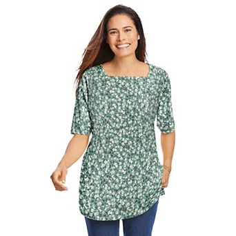 Woman Within Plus Size Printed Perfect Square-Neck Tee