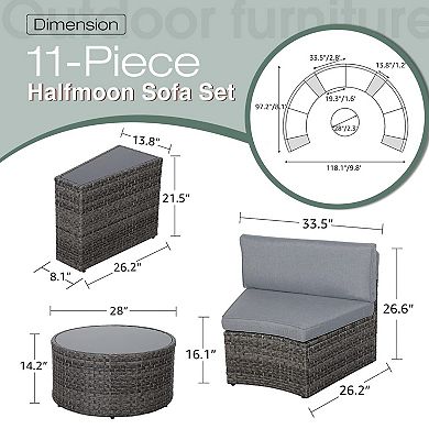 11 Piece Half Moon Patio Furniture Grey Wicker Sofa Dark Grey Cushions