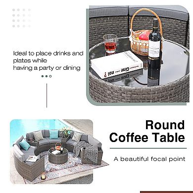 11 Piece Half Moon Patio Furniture Grey Wicker Sofa Dark Grey Cushions