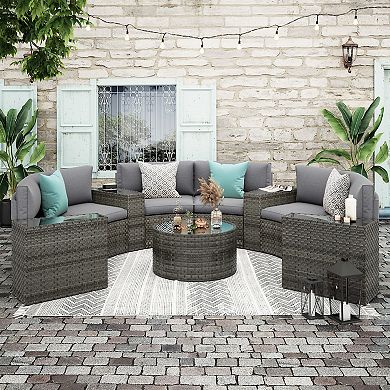 11 Piece Half Moon Patio Furniture Grey Wicker Sofa Dark Grey Cushions