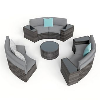 11 pc Half Moon Patio Furniture Grey Wicker Sofa Dark Grey Cushions