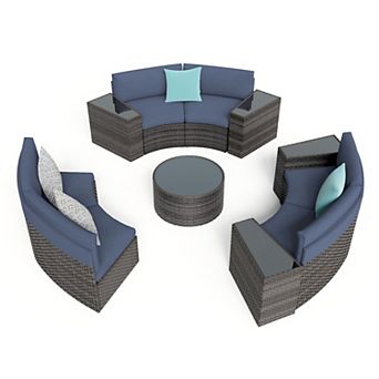 11 pc Half Moon Patio Furniture Grey Wicker Sofa Dark Grey Cushions