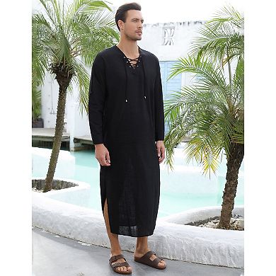Men's Long Sleeve Kaftan Thobe Casual Lace up Robe Side Split Long Gown Linen Shirt with Pocket