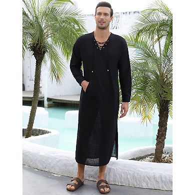 Men's Long Sleeve Kaftan Thobe Casual Lace up Robe Side Split Long Gown Linen Shirt with Pocket