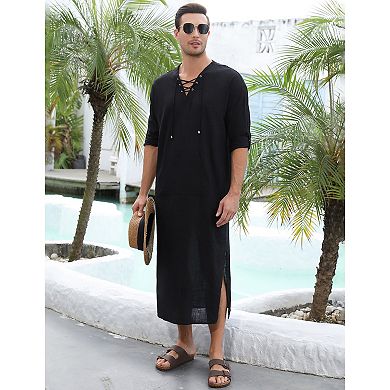 Men's Long Sleeve Kaftan Thobe Casual Lace up Robe Side Split Long Gown Linen Shirt with Pocket