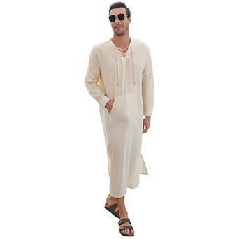 Men's Long Sleeve Kaftan Thobe Casual Lace up Robe Side Split Long Gown Linen Shirt with Pocket