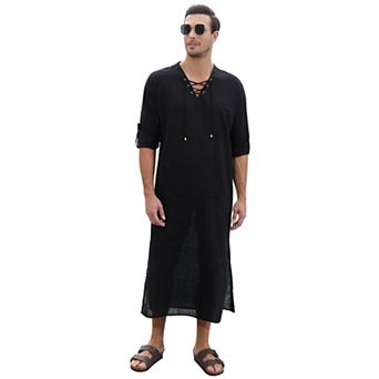 Men's Long Sleeve Kaftan Thobe Casual Lace up Robe Side Split Long Gown Linen Shirt with Pocket