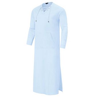 Men's Long Sleeve Kaftan Thobe Casual Lace up Robe Side Split Long Gown Linen Shirt with Pocket