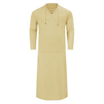 Men's Long Sleeve Kaftan Thobe Casual Lace up Robe Side Split Long Gown Linen Shirt with Pocket