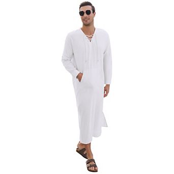 Men's Long Sleeve Kaftan Thobe Casual Lace up Robe Side Split Long Gown Linen Shirt with Pocket