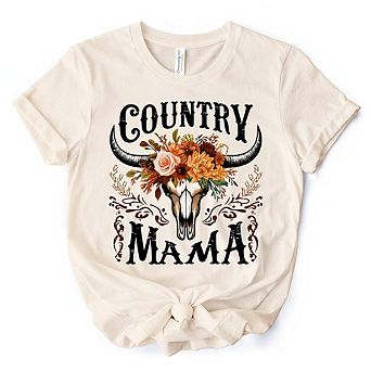 Country Mama Floral Buffalo Skull Vintage T-Shirt, Western Natural and White Women’s Tee