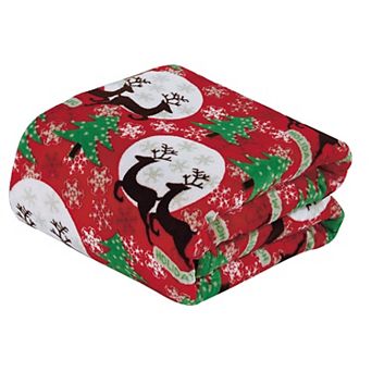 Kate Aurora Holiday Living Christmas Holiday Magical Reindeer Plush Accent Red Throw Blanket