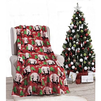 Kate Aurora Holiday Living Christmas Holiday Magical Reindeer Plush Accent Red Throw Blanket