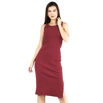 Women's Ribbed Dresses Scoop Neck Sleeveless Knit Slit Bodycon Midi Dress
