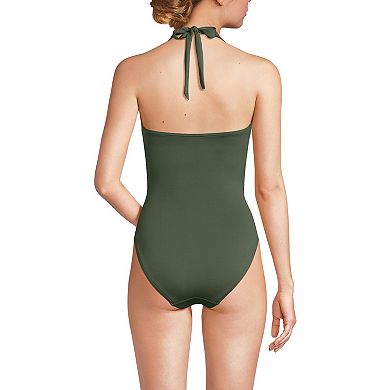 Women's Lands' End Sculpting Suit Plunge Halter High Leg One-Piece Swimsuit