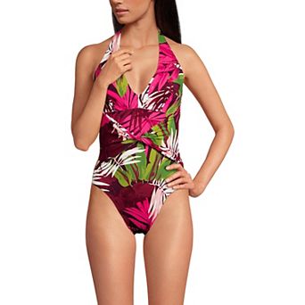 Women's Lands' End Sculpting Suit Plunge Halter High Leg One-Piece Swimsuit