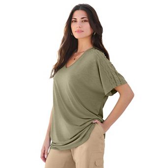 Roaman's Women's Plus Size Lace Trimmed Textured Tee