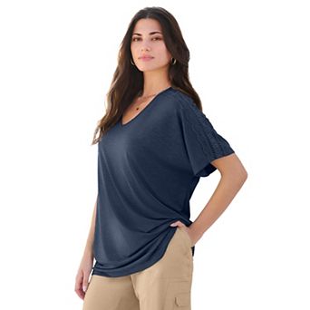 Roaman's Women's Plus Size Lace Trimmed Textured Tee
