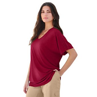 Roaman's Women's Plus Size Lace Trimmed Textured Tee