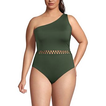 Plus Size Lands' End Macrame One Shoulder High Leg One Piece Swimsuit