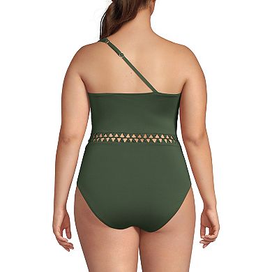 Plus Size Lands' End Macrame One Shoulder High Leg One Piece Swimsuit