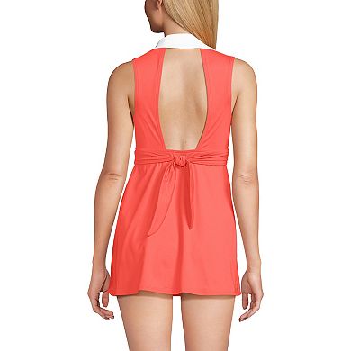 Women's Lands' End Polo Collar Tie Front Swim Dress Swimsuit