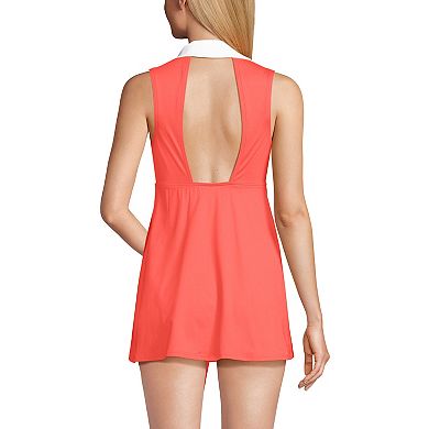 Women's Lands' End Polo Collar Tie Front Swim Dress Swimsuit