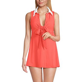 Women's Lands' End Polo Collar Tie Front Swim Dress Swimsuit