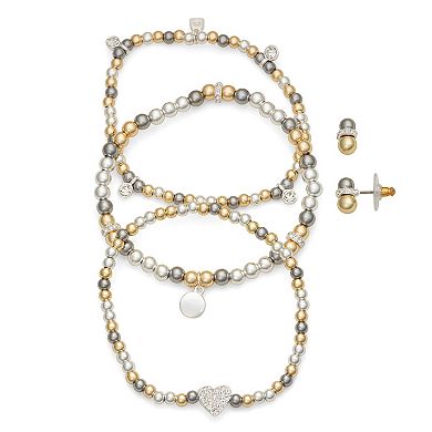 Nine West 4-Piece Heart Pave Bracelets & Stud Earrings Set