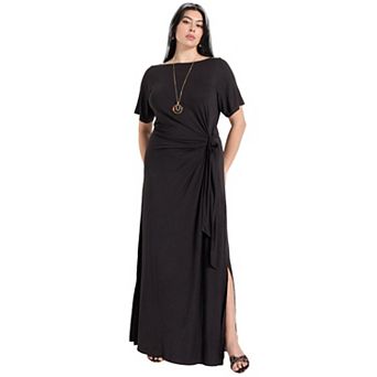 June + Vie Women's Plus Size Boatneck Gathered Maxi Dress