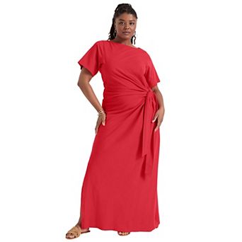 June + Vie Women's Plus Size Boatneck Gathered Maxi Dress
